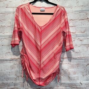 Columbia anytime casual striped tunic Omni wick large cinched sides V-neck pink